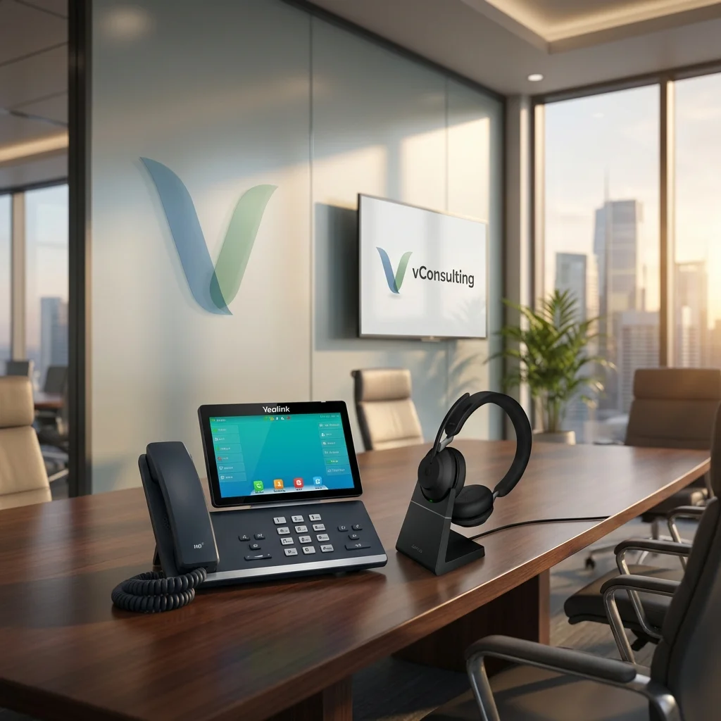 Espace de travail vConsulting : téléphone IP Yealink et casque Jabra dans un bureau moderne